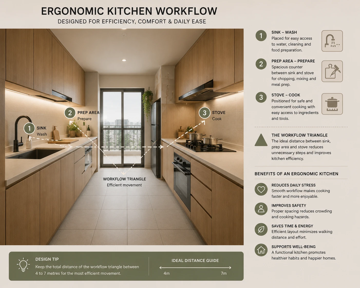 Kitchen workflow diagram showing sink prep hob and storage planning in a Singapore HDB kitchen